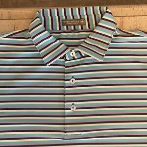 Peter Millar Men's Summer Comfort Polo Shirt - Blue, Green, and White Stripes L
